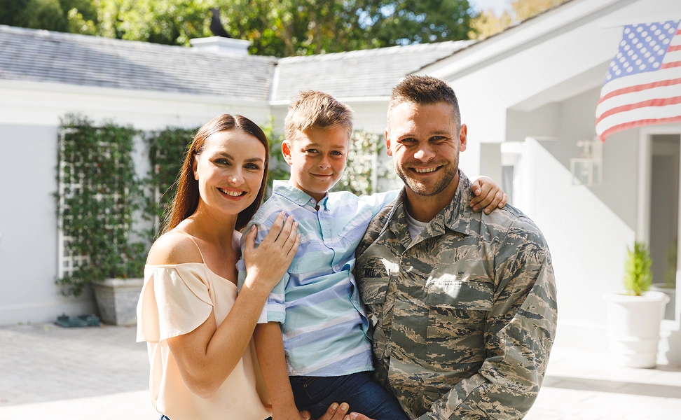caucasian male soldier with son and wife